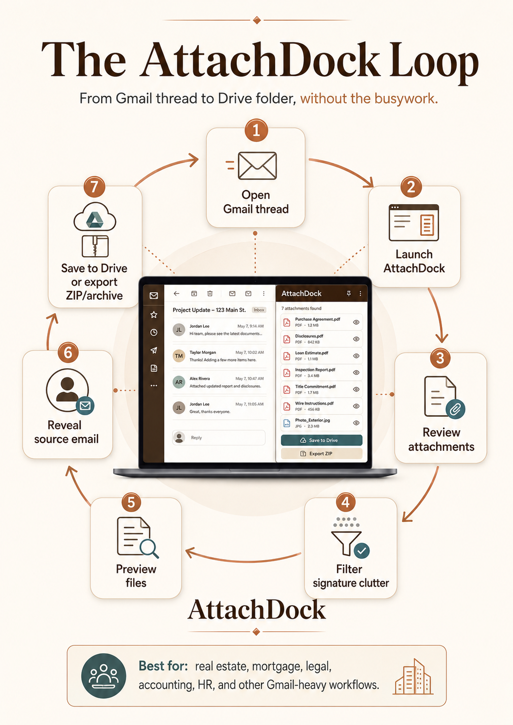 Infographic showing the AttachDock loop from opening a Gmail thread to reviewing, filtering, revealing source email, and saving to Drive.