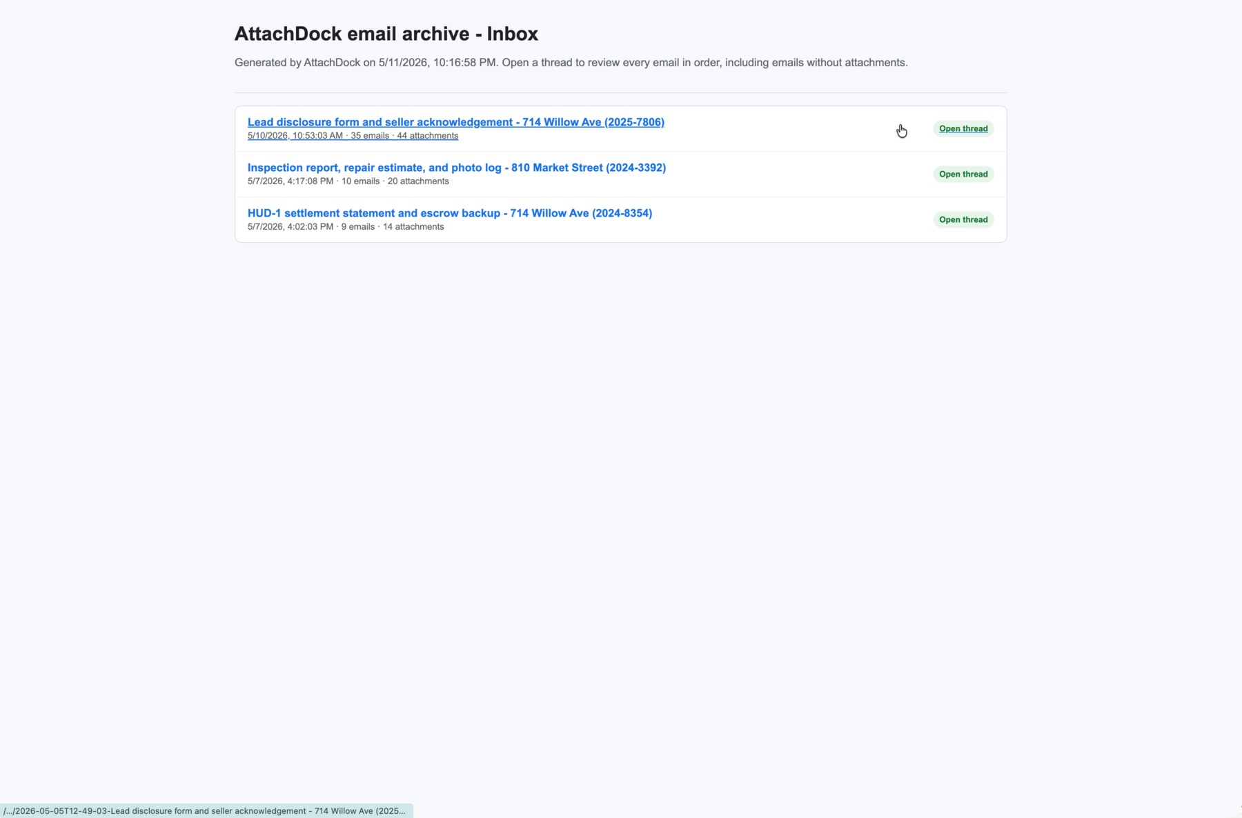 AttachDock archive index page listing archived Gmail threads and attachment counts.