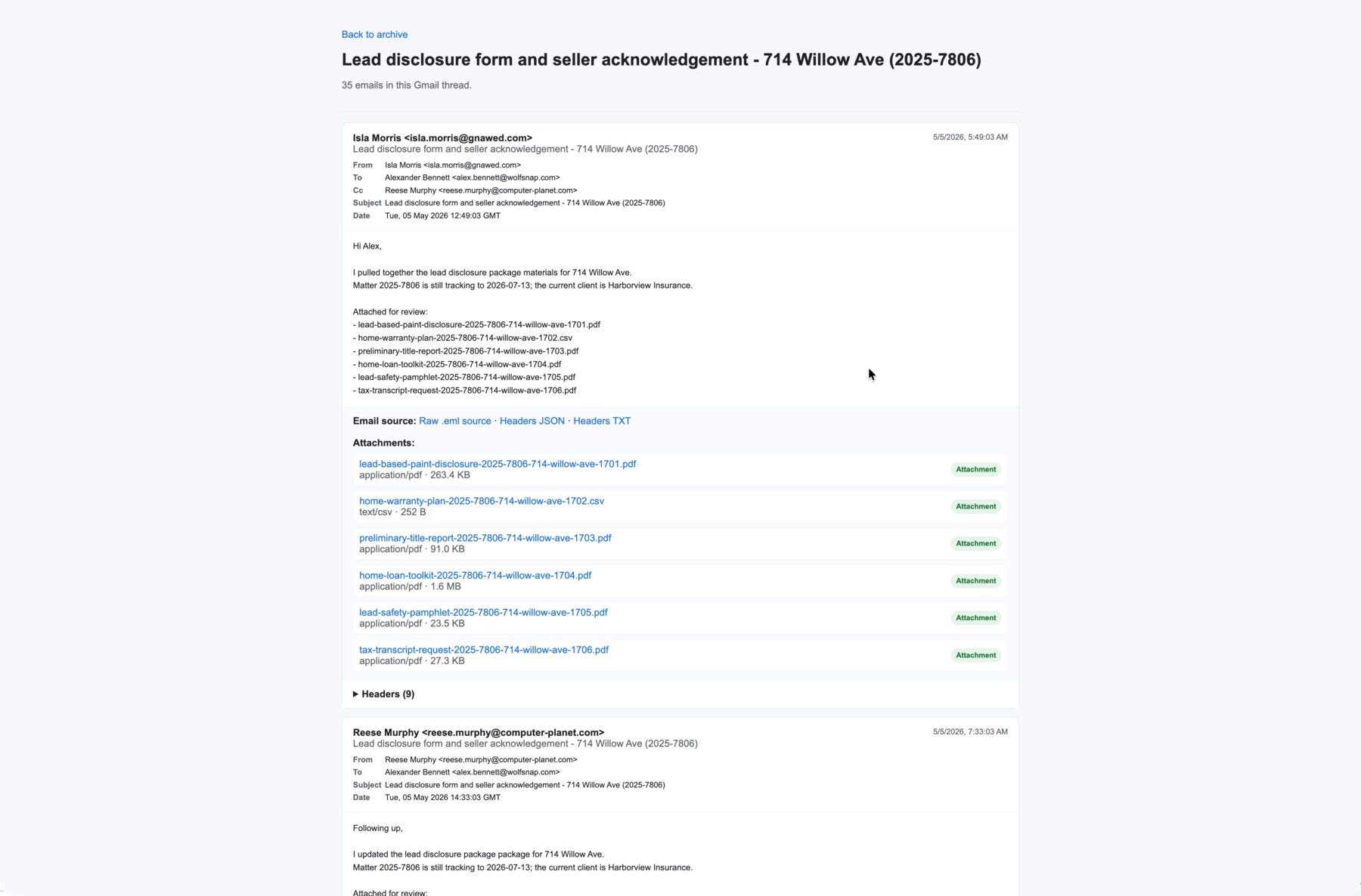 AttachDock archive detail page showing message headers and extracted attachment links.