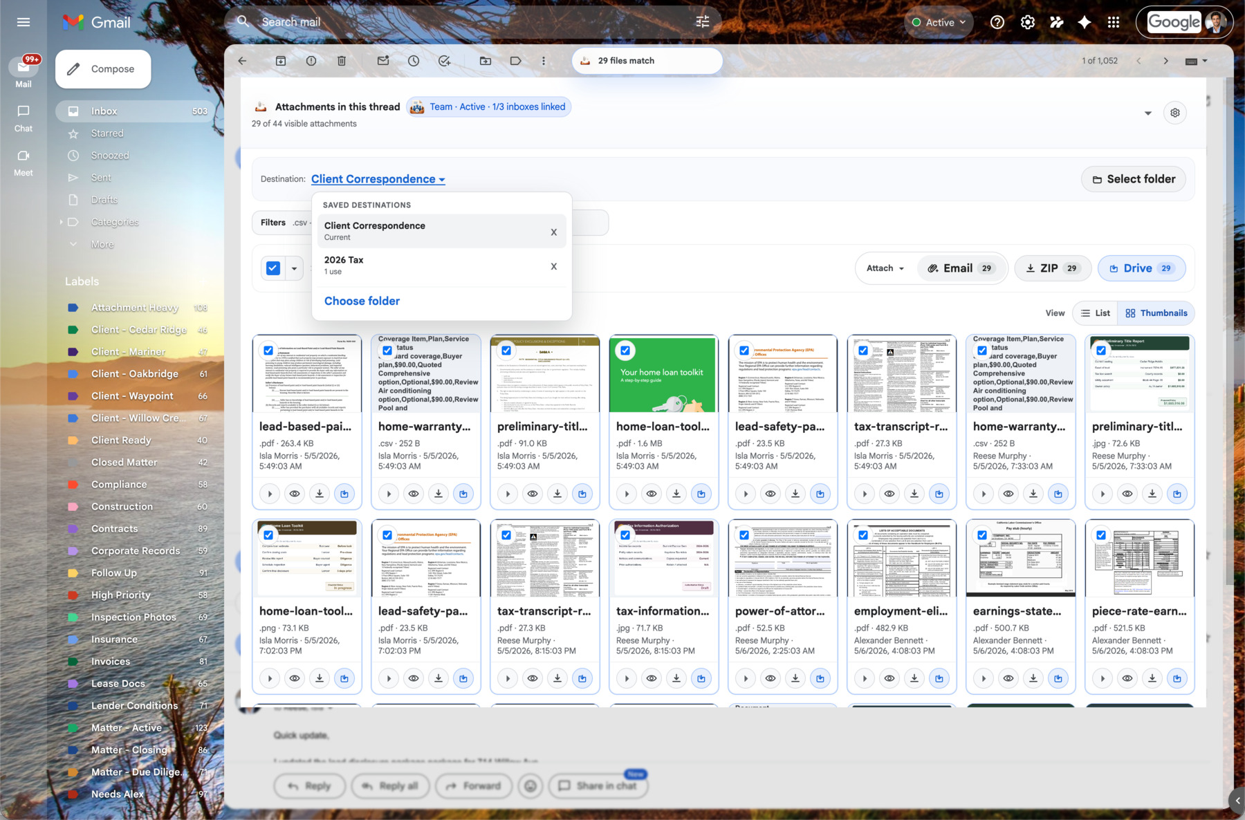 AttachDock search view showing matching Gmail attachments.
