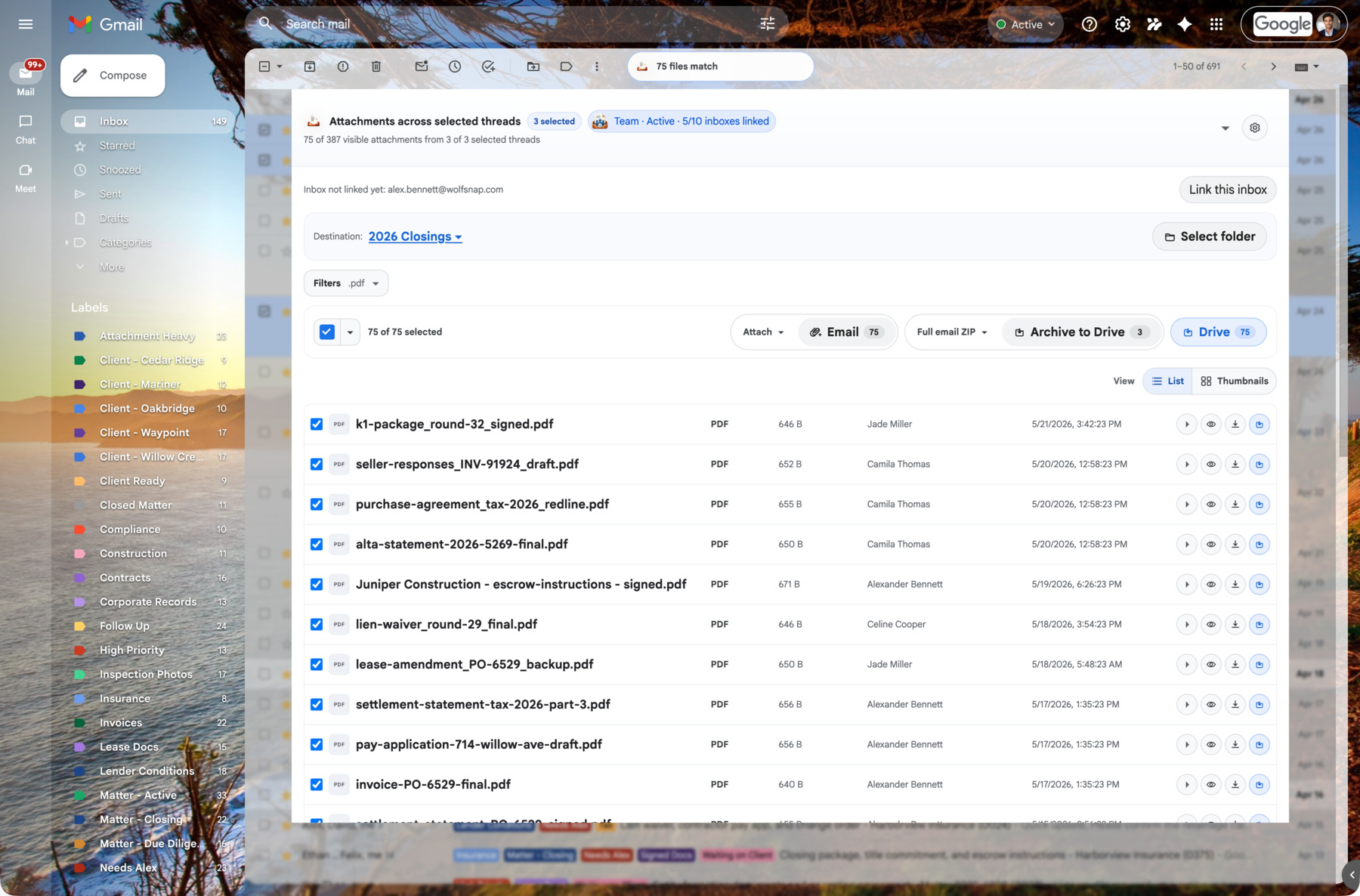 AttachDock compact list view for high-volume attachment review in Gmail.