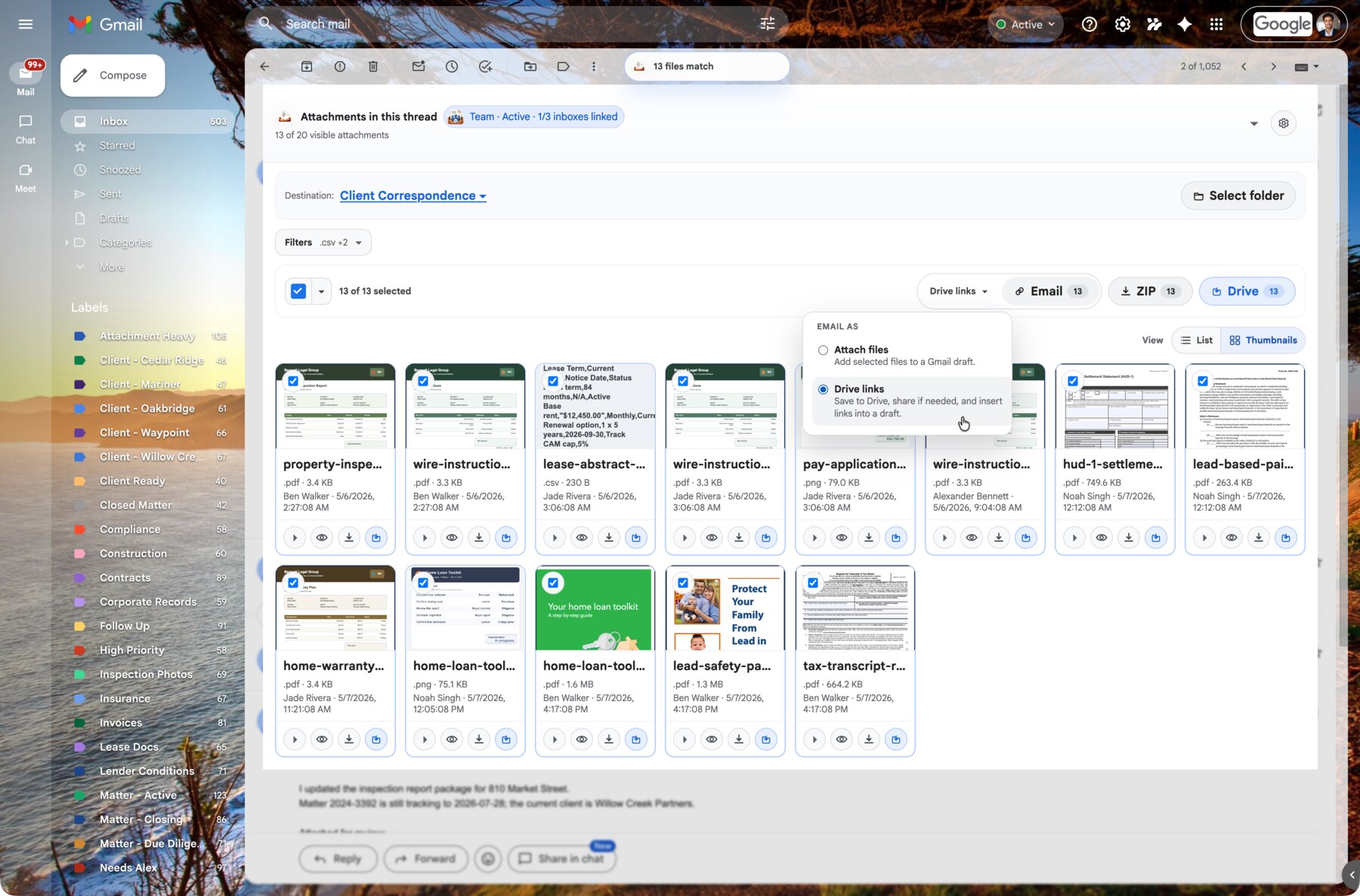 AttachDock Email menu for attaching selected files or inserting Drive links into Gmail.