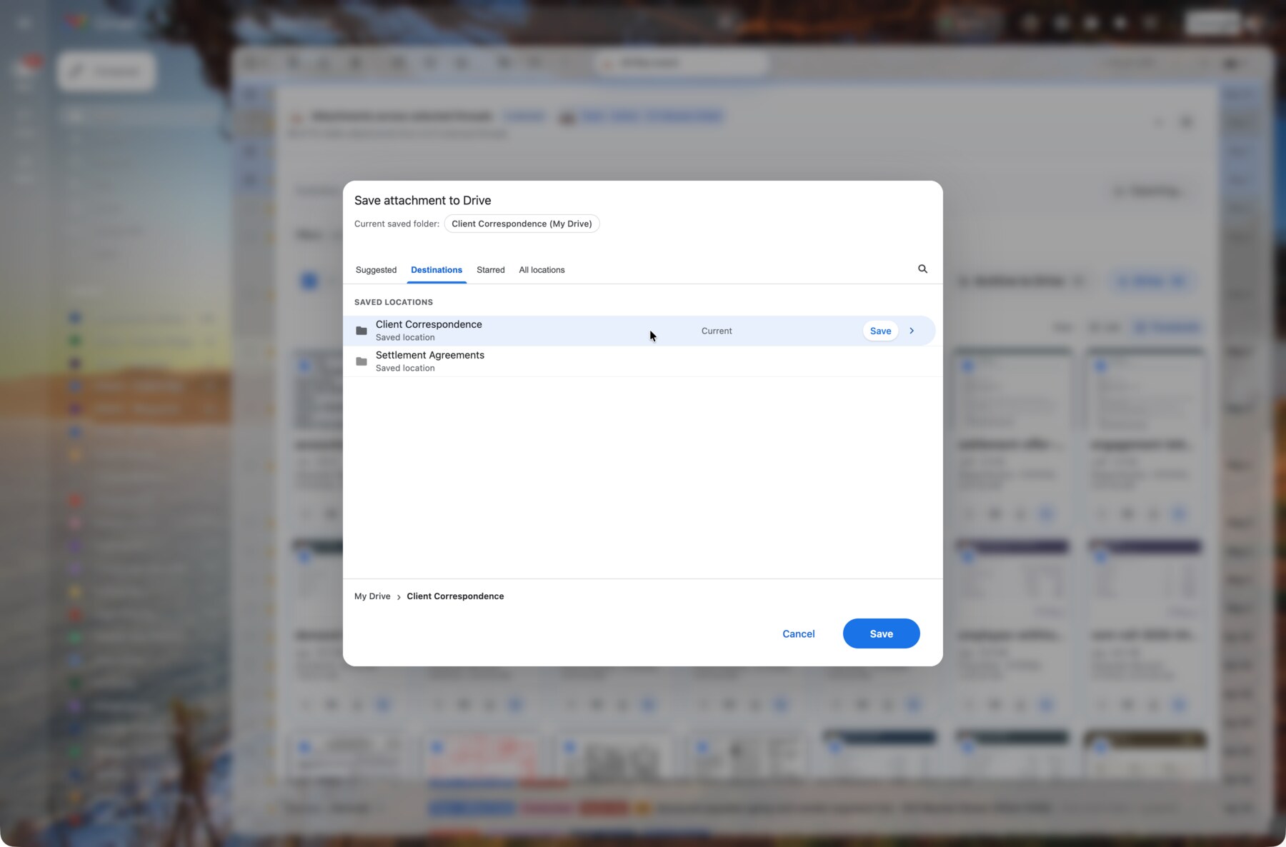 AttachDock custom Drive folder picker with My Drive, Shared drives, and Shared with me.