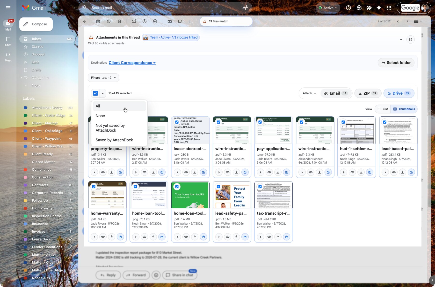AttachDock file type filter menu narrowing Gmail attachments by document type.