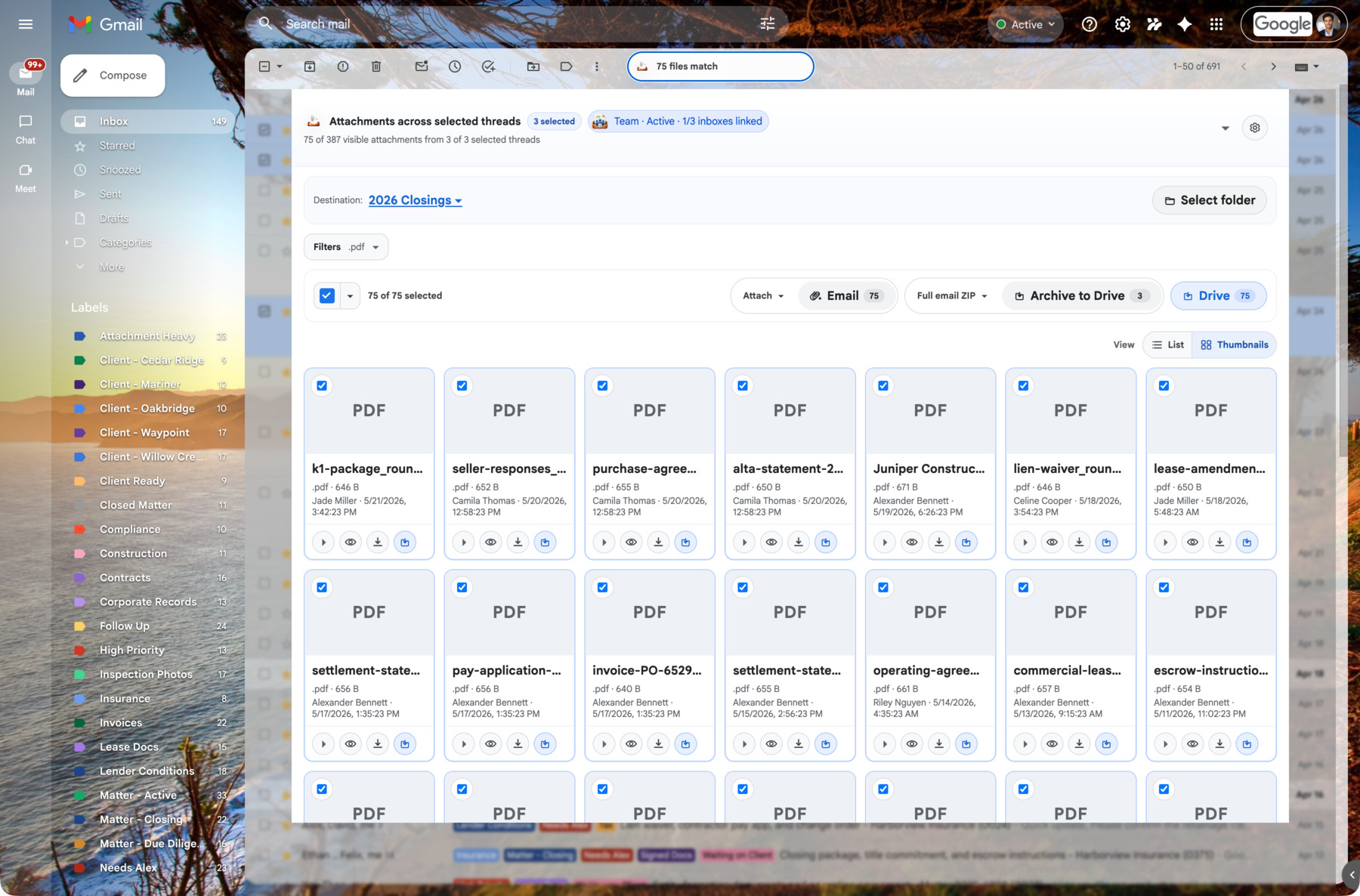 Gmail inbox with three selected synthetic emails and the AttachDock launcher showing matching files.