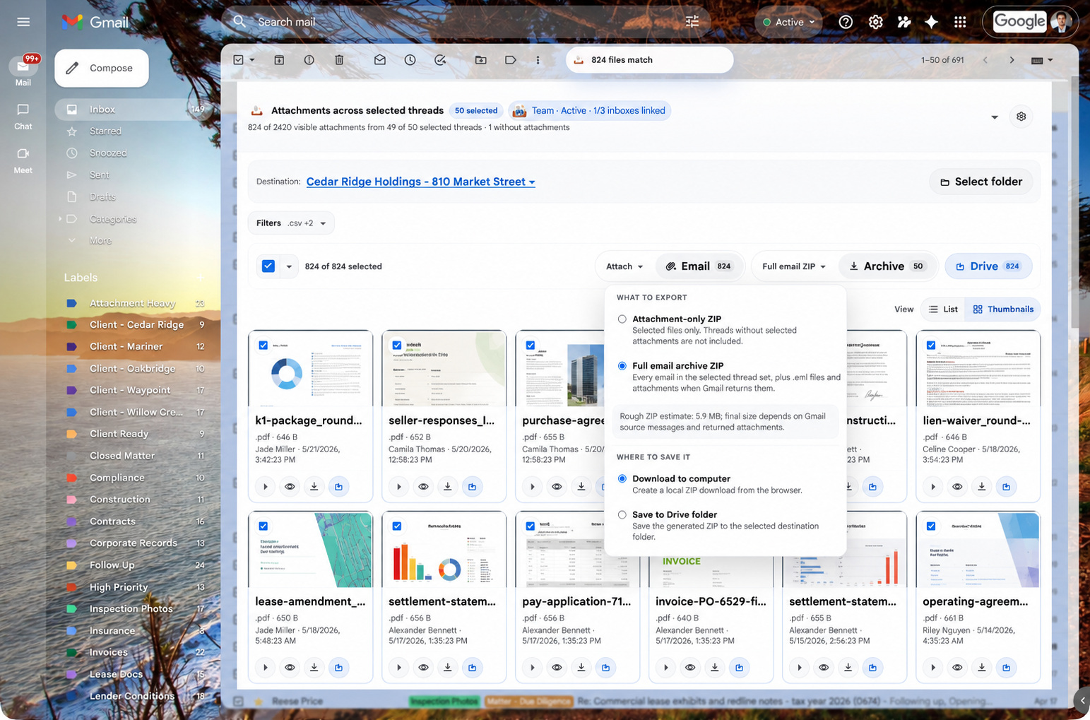 AttachDock overlay showing a synthetic Gmail label archive workflow with selected attachments, full email ZIP controls, and Drive actions.