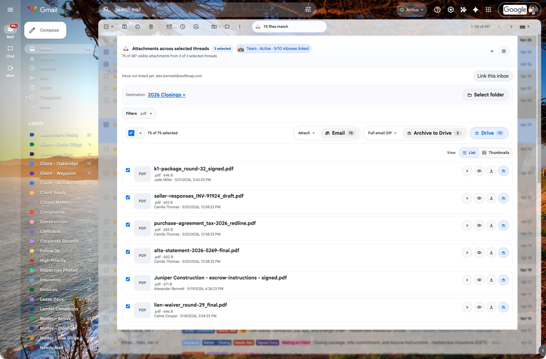 AttachDock list view showing selected Gmail attachments with filename and metadata.