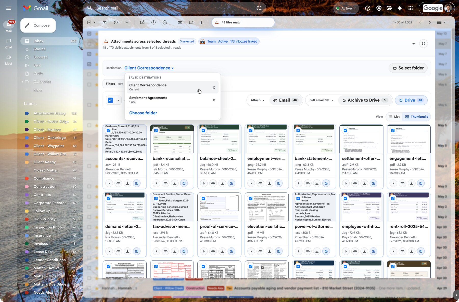 AttachDock saved destinations menu for quickly returning to repeat Google Drive folders.