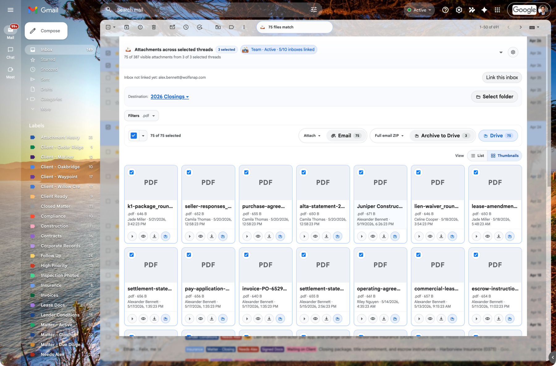 AttachDock thumbnail attachment cards in a synthetic Gmail bulk review workflow.